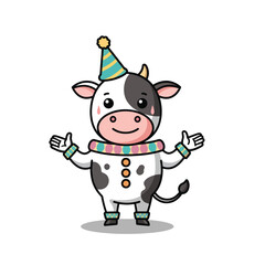 A cartoon cow wearing a party hat and colorful collar