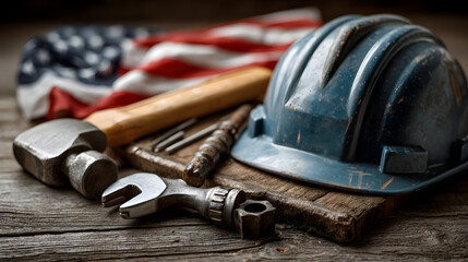 Labor Day celebration with tools, hard hat, and American flag on rustic wooden table