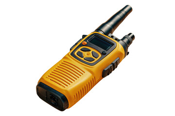 Fototapeta premium Close-up of a handheld orange and black two-way radio. The device has a digital display, control buttons, and antenna