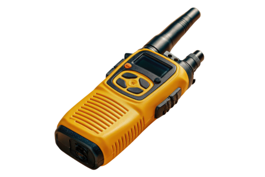 Close-up of a handheld orange and black two-way radio.  The device has a digital display, control buttons, and antenna