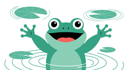 Fototapeta premium Cheerful frog with outstretched arms welcomes spring among lily pads in pond cartoon illustration