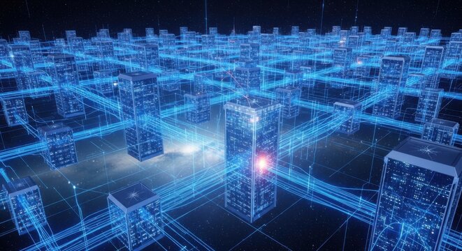 Futuristic Digital Cityscape with Glowing Blue Network Lines and Skyscrapers in Night Setting