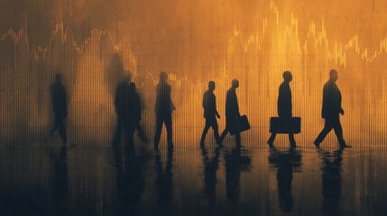 Silhouetted figures walk against a backdrop of financial data or stock market graph.