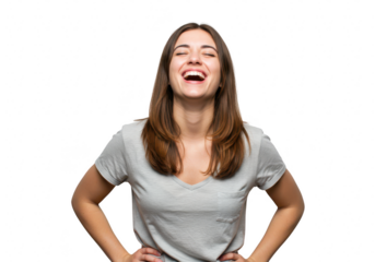 Woman laughing with eyes closed, isolated on transparent background
