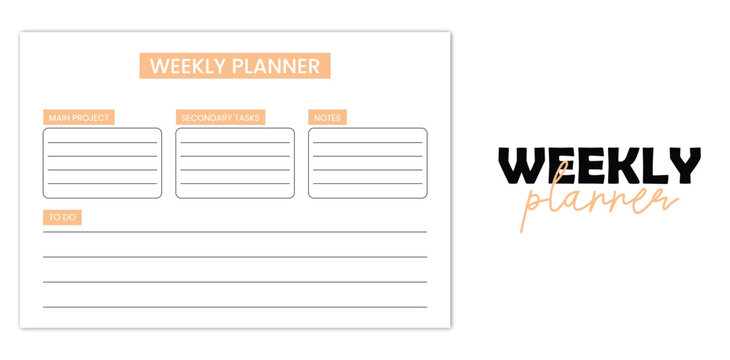 weekly,planner,minimal flat vector printable simple orange and white weekly planner template with horizontal layout