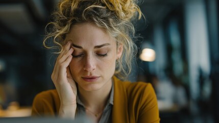 A young Caucasian woman with curly blonde hair looks stressed while sitting at a desk in an office environment. She has her hand on her forehead, indicating frustration.