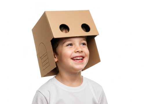 Happy boy wearing a cardboard robot helmet isolated on transparent background