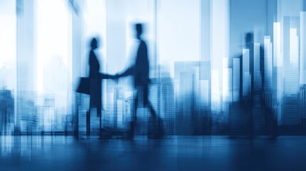 Two blurred people shaking hands in a modern office or building interior.