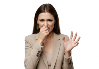 Woman holding nose with hand, disgusted expression isolated on transparent background