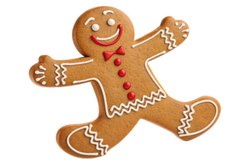 Gingerbread Man's Joyful Leap: A freshly baked, cheerful gingerbread man with a bright smile, arms outstretched in joyful exuberance, embodies the festive spirit.