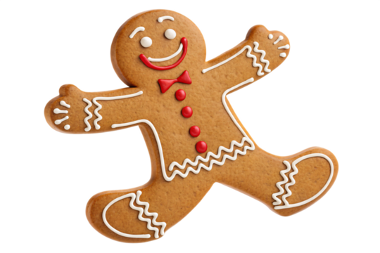 Gingerbread Man's Joyful Leap: A freshly baked, cheerful gingerbread man with a bright smile, arms outstretched in joyful exuberance, embodies the festive spirit.