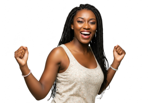 Excited black woman with braided hair cheering isolated on transparent background