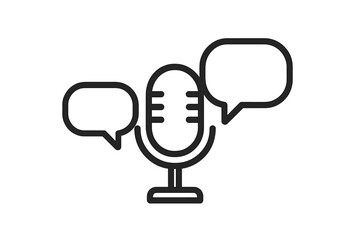 Podcast microphone icon with speech bubbles. Vector sign for interview, dialogue, discussion, and debate. Communication, broadcast, and voice recording concept for audio show.