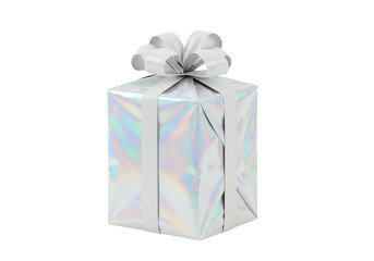 Obraz premium Holographic gift box with white ribbon iridescent wrapping transparent background