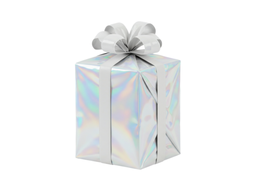 Holographic gift box with white ribbon iridescent wrapping transparent background