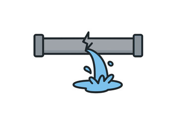 Broken Water Pipe Leak Icon Vector Illustration. Cracked Pipe with Flowing Water Puddle. Plumbing Emergency, Water Damage Concept, Flood, Infrastructure Failure, Utility Repair, Maintenance Symbol.