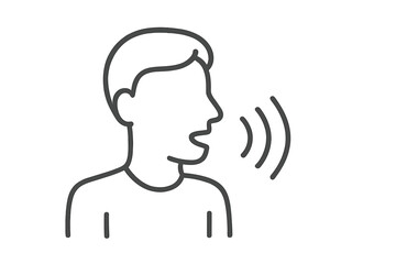 Talking person line icon. Man speaking, shouting symbol. Voice control command. Sound wave. Speech, language, communication, discussion concept. Vector outline pictogram design.