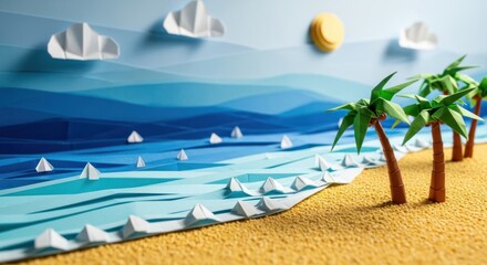 Obraz premium Creative paper art diorama showcasing a serene tropical beach with azure waves, miniature sailboats, fluffy clouds, and vibrant palm trees under a sunny sky, evoking a peaceful vacation getaway
