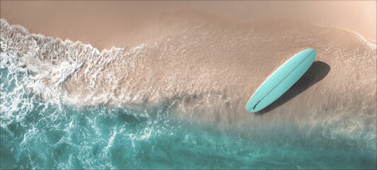 The serene surfboard resting on the sandy beach by the turquoise waters.