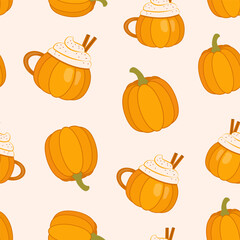 Seamless pattern with pumpkins and a mug of pumpkin latte. Vector illustration