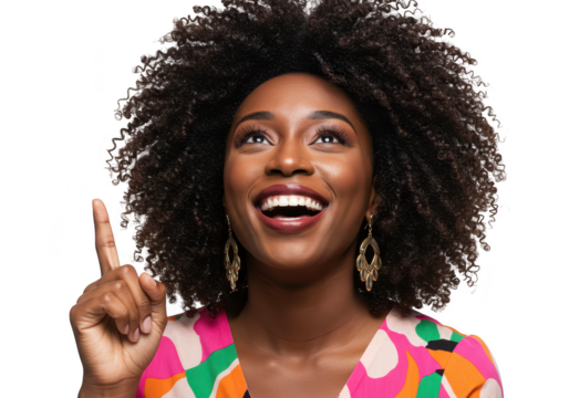 Woman with afro hair pointing up isolated on transparent background