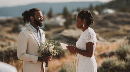 A young African American couple exchanges vows outdoors. The man wears a light suit and holds flowers. The woman is in a white dress, with natural hair, smiling.