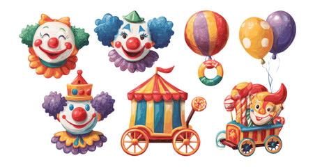 Colorful Cartoon Clowns and Party Elements on Transparent Background