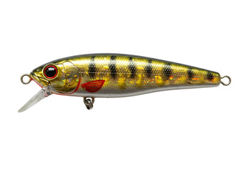 Realistic fishing lure design shiny gold and green fish shaped bait transparent background