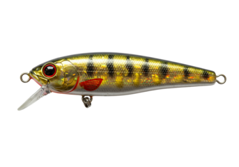 Realistic fishing lure design shiny gold and green fish shaped bait transparent background