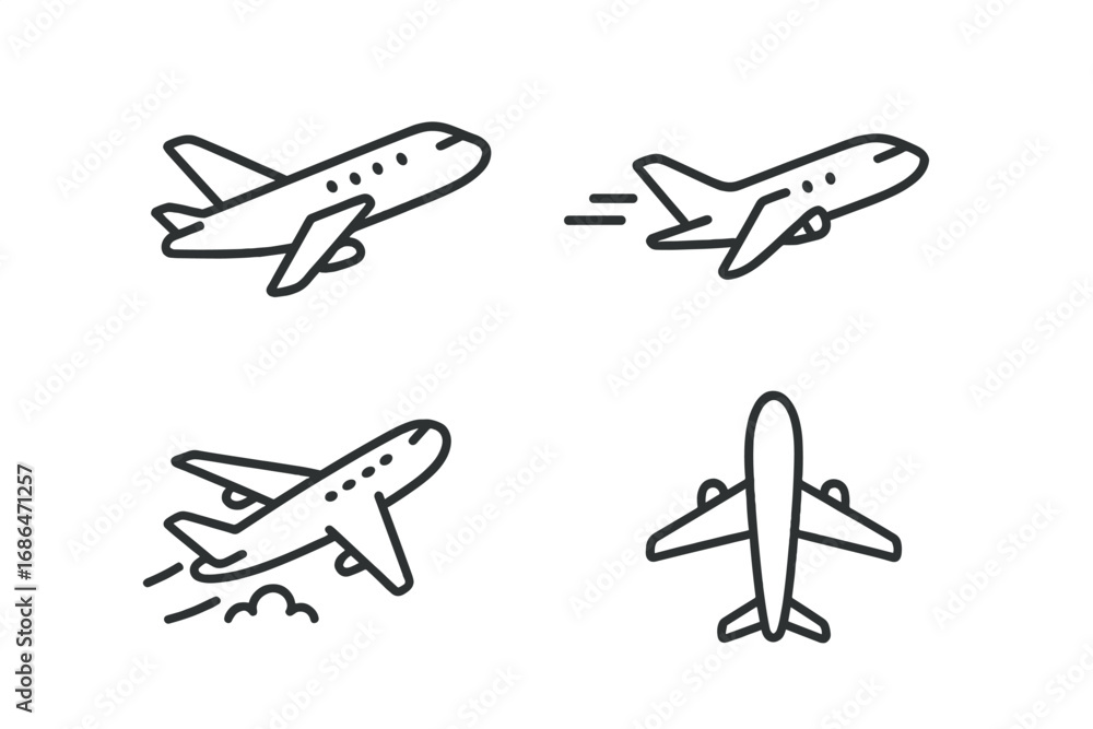 Poster airplane line icon set. vector plane, flight and travel symbols. minimalistic linear pictograms for 
