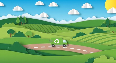 Green recycling truck driving on a road through rolling hills and