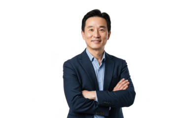 Asian businessman in suit with arms crossed isolated on transparent background
