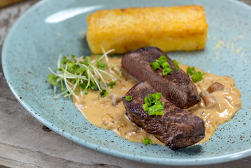 beef steak with mashed potatoes
