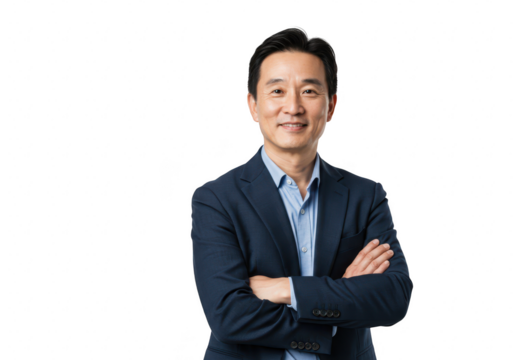 Asian businessman in suit with arms crossed isolated on transparent background - Powered by Adobe