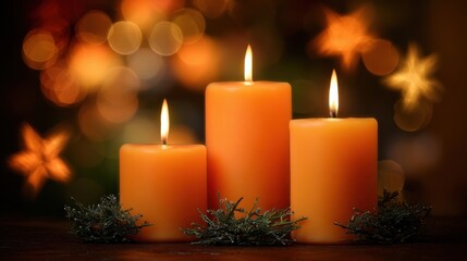 The serene display of orange candles glowing softly in a festive setting.