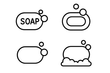 Soap bar thin line icon set. Vector outline pictogram collection for concepts of hygiene, cleanliness, washing hands, and sanitation. Minimalist illustration of soap with bubbles, suds, and foam.