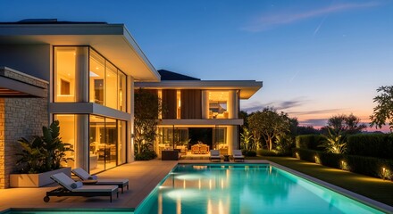 Fototapeta premium Luxury modern villa with swimming pool and garden at twilight