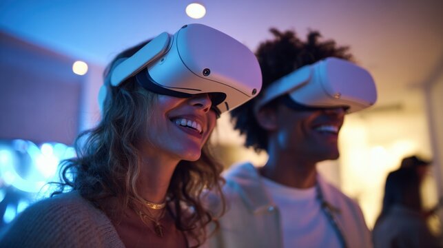 A young Caucasian woman with curly hair and a young African man wearing virtual reality headsets. They are smiling in a colorful, modern environment.