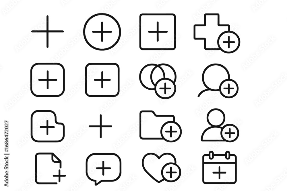 Fototapete plus and add icon set. thin line art collection for ui and ux design. includes add user, new folder,