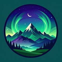 Fototapeta premium Circular graphic of a mountain range at night, featuring vibrant aurora borealis.