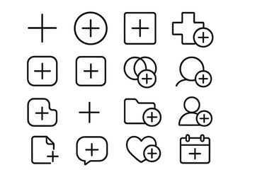 Plus and add icon set. Thin line art collection for UI and UX design. Includes add user, new folder, and calendar icons. Editable stroke vector symbols for web and mobile apps.