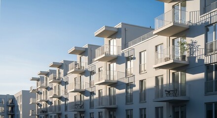 Modern Apartment Building Facade with Balconies and Clear Blue Sky
