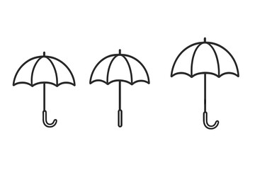 Umbrella line icons set. Cartoon parasol and bumbershoot outline collection. Thin stroke vector illustration of classic umbrella with curved handle isolated on transparent background.