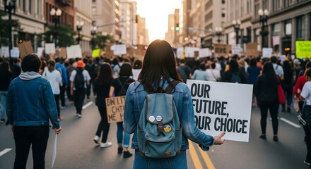 Fototapeta premium Protestors march in city street at sunset holding signs one reads 