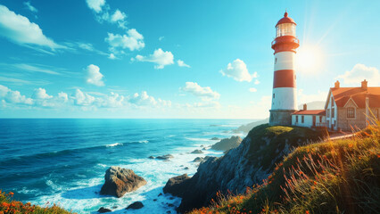 Obraz premium A lighthouse beside the sea under clear skies