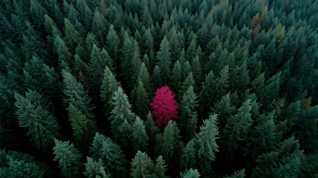 A striking red tree stands out among dense green forest viewed from above, highlighting contrast and uniqueness in nature.