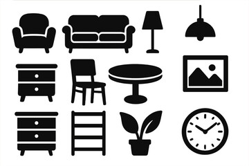 Vector icon set of furniture and home decor silhouettes. Interior design elements like sofa, chair, table, lamp, clock, plant, shelf. Modern minimalist household objects.
