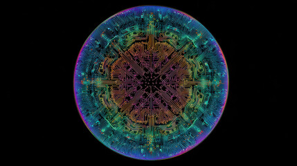 Neon colored circuit design forming mandala shape on black background
