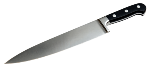 A long, sharp kitchen knife with a black handle