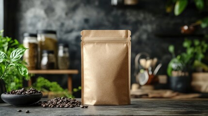 Blank Kraft Paper Coffee Bag with Roasted Beans on a Rustic Table